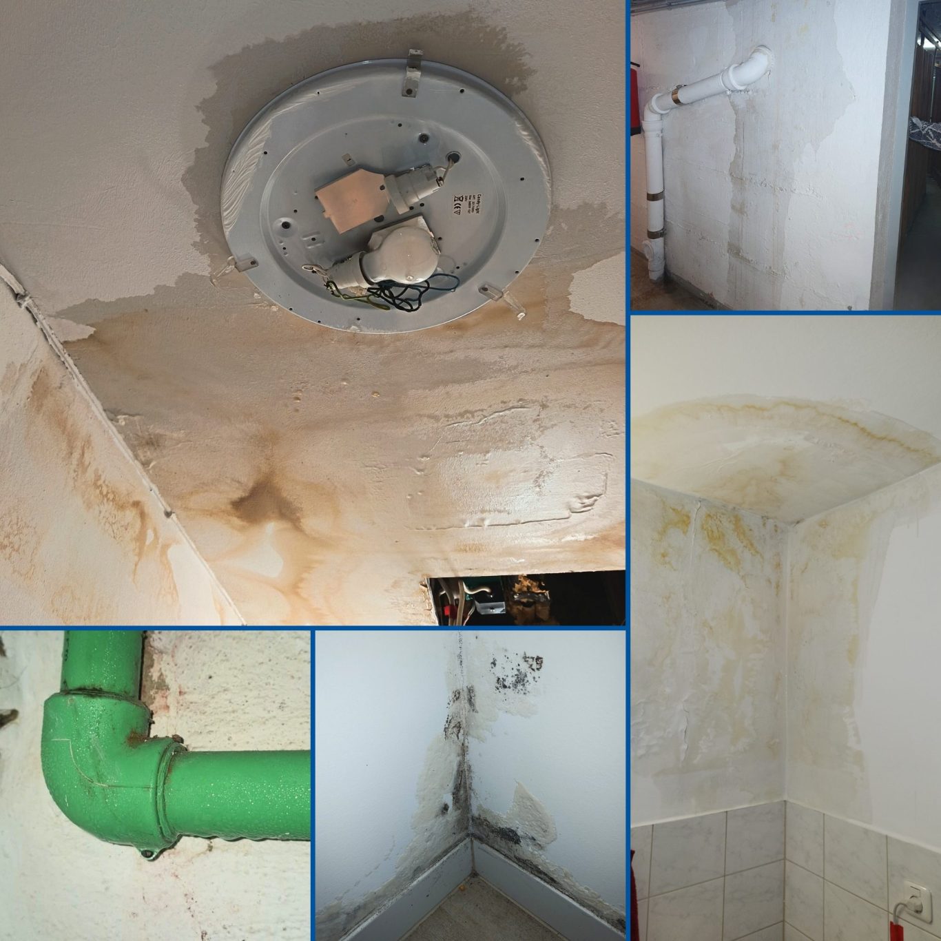 Wasserflecken an Wänden, beschädigte Decke, Schimmelflecken an der Wand und tropfende Rohrleitung in einem Innenraum.