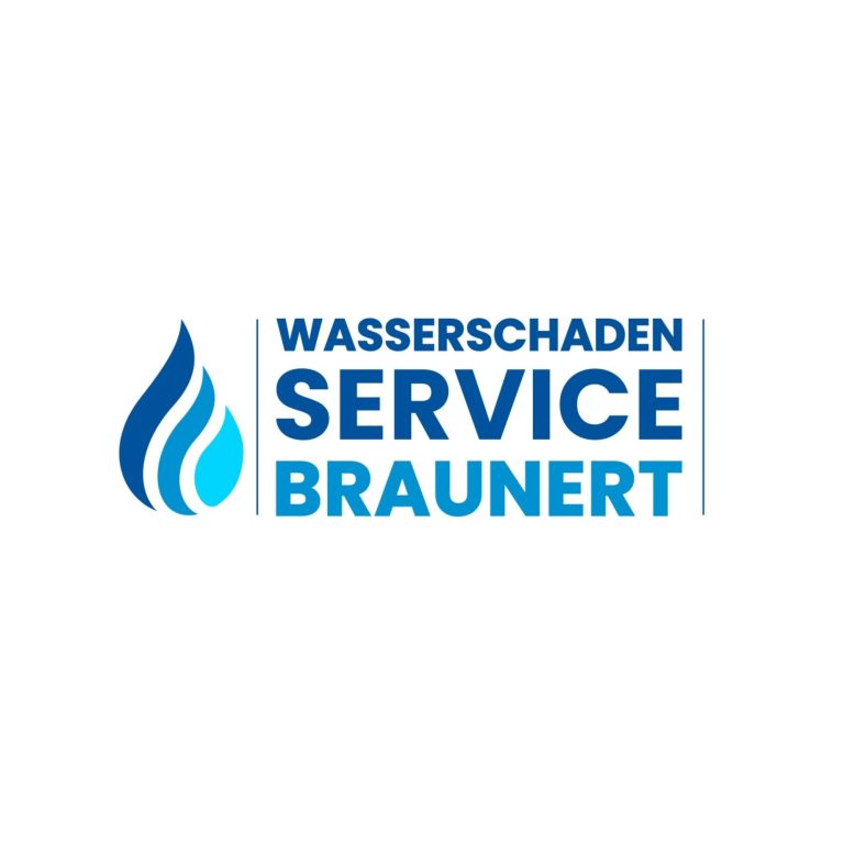 Logo von Wasserschaden Service Braunert mit blauen Wassertropfen und Text.