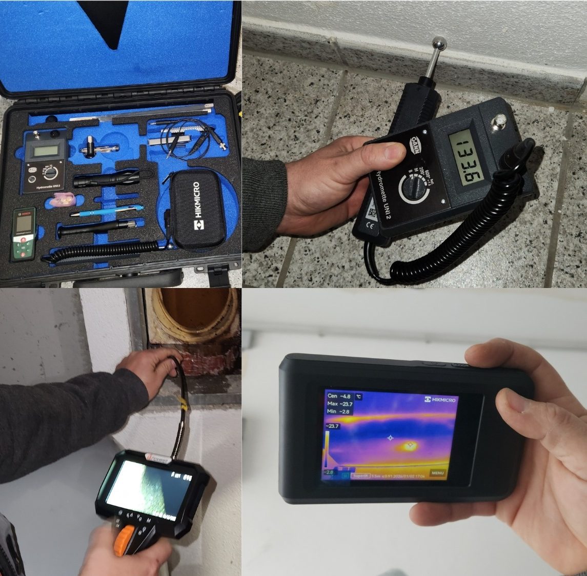 Professionelle Messgeräte für die Leckageortung bei einem Wasserschaden verschiedene Geräte zur Inspektion und Feuchtigkeitsmessung.