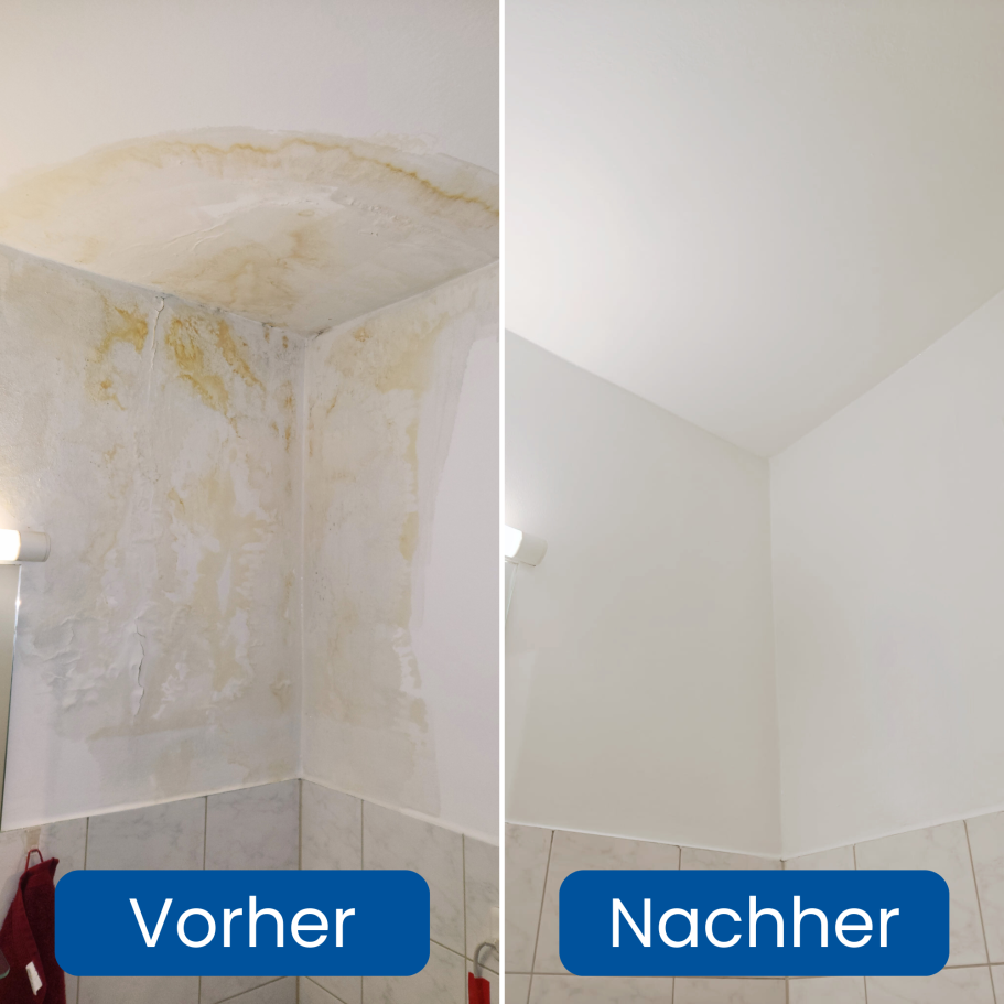 Vergleich Vorher-Nachher: Decke mit Wasserflecken und Schimmel, nachher frisch gestrichen.